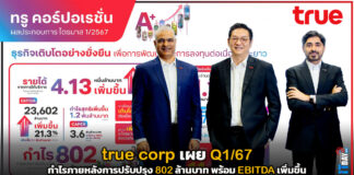 true corp เผย Q1/67 กำไรภายหลังการปรับปรุง 802 ล้านบาท พร้อม EBITDA เพิ่มขึ้น true corp